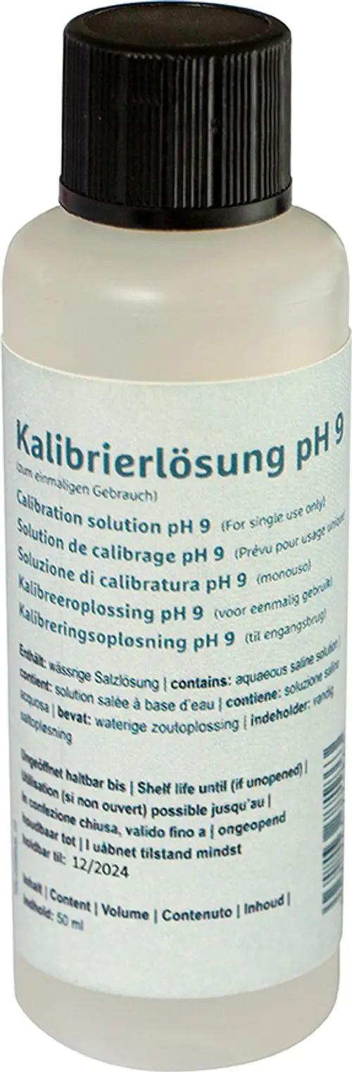 Flasche mit Kalibrierlösung von Grünbeck, pH 9, 50 ml, enthält wässrige Salzlösung. Gebrauchs- und Haltbarkeitsinformationen auf dem Etikett.